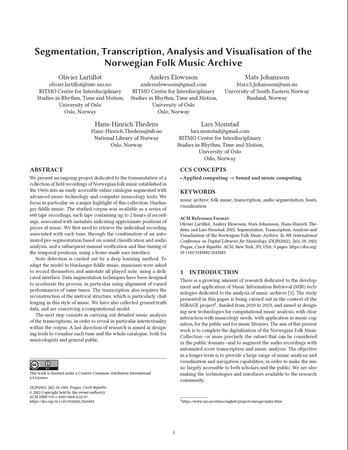 Segmentation, Transcription, Analysis and Visualisation of the Norwegian Folk Music Archive