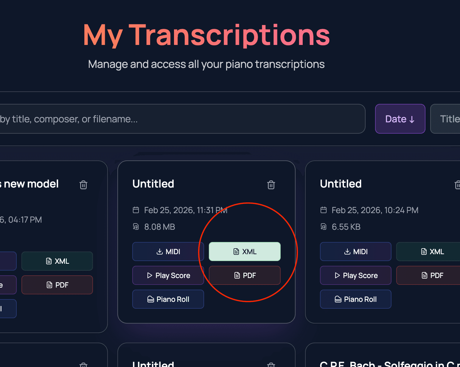 Sidan Mina transkriptioner med XML-nedladdningsknappen markerad