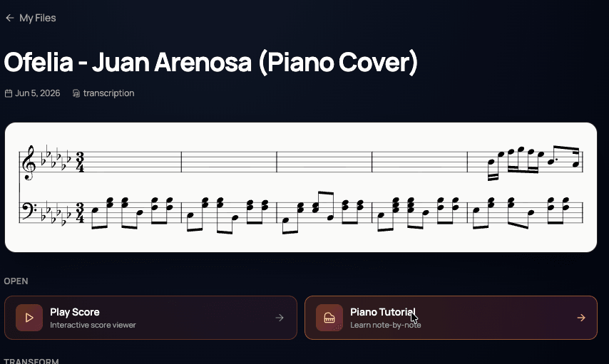 Page Mes transcriptions avec le bouton Piano Roll mis en surbrillance