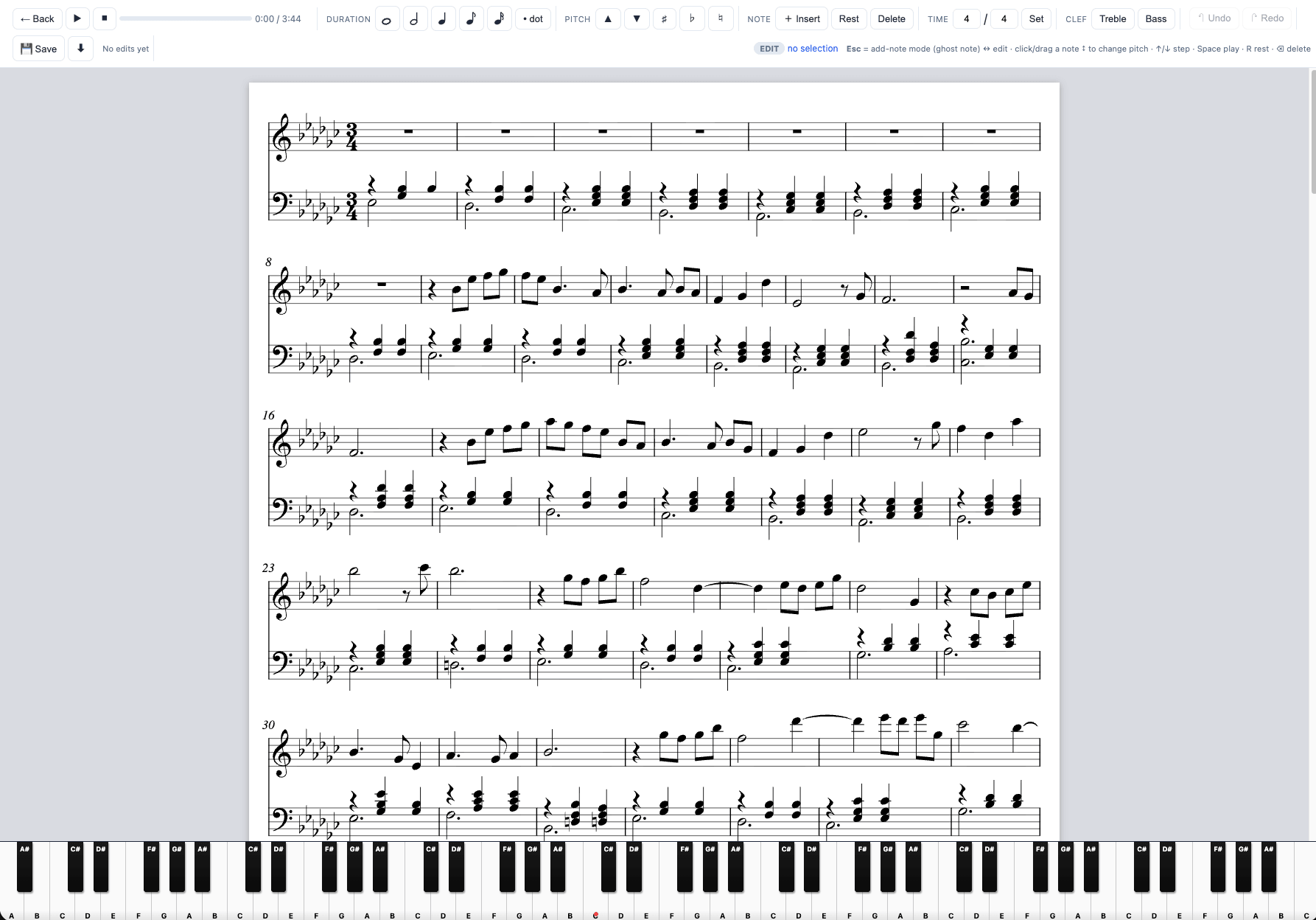 The Score Editor: toolbar, score, and piano keyboard