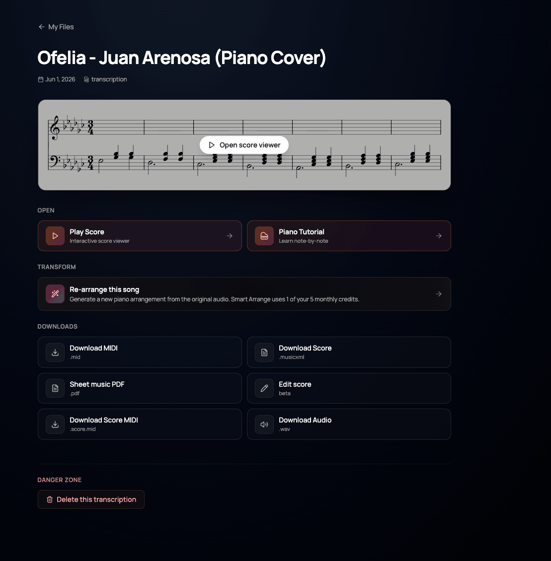 The Re-arrange this song option on a song page